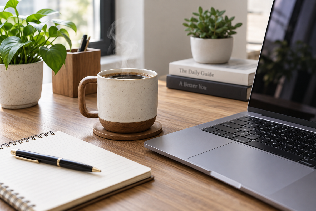 wooden handle ceramic mug for office on a desk with coffee