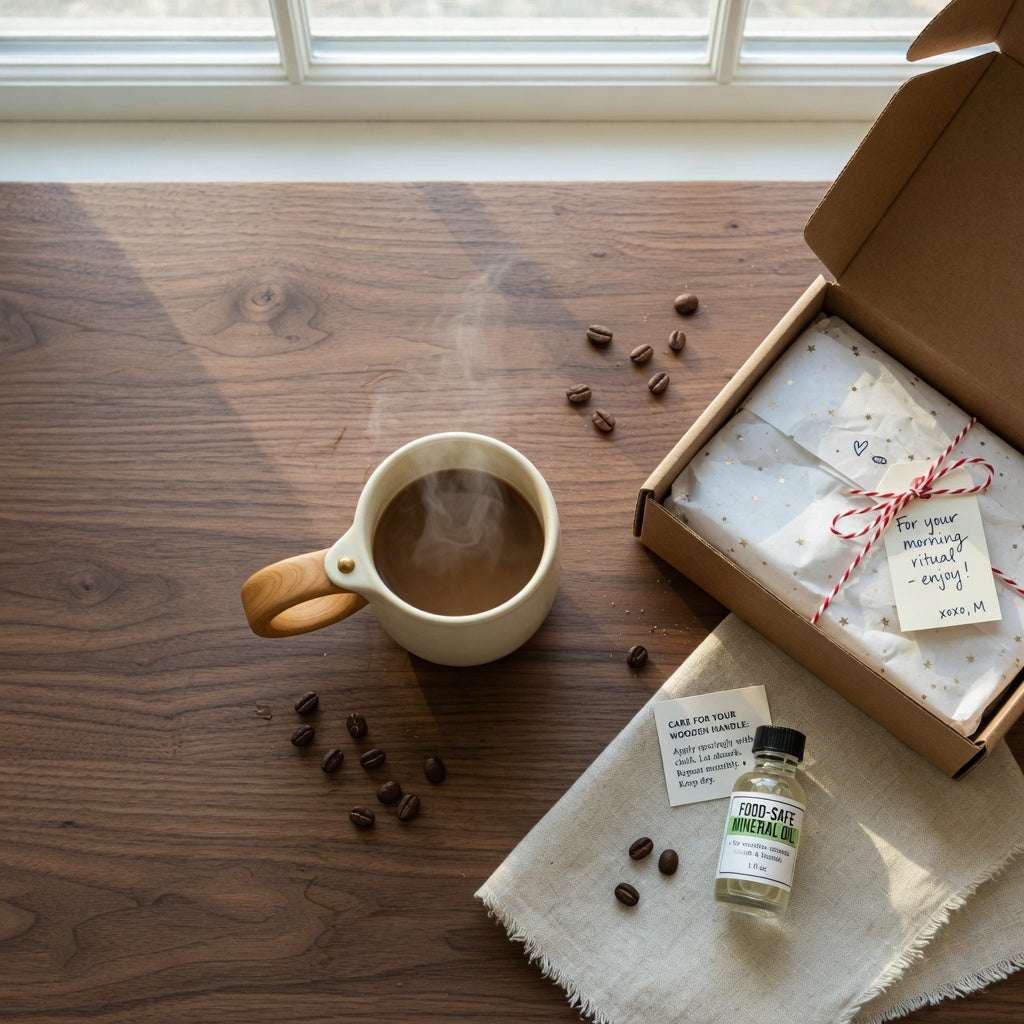 Wooden handle ceramic mug gift ideas: ceramic mug with turned wooden handle beside a kraft gift box, care card and mineral oil on a kitchen counter