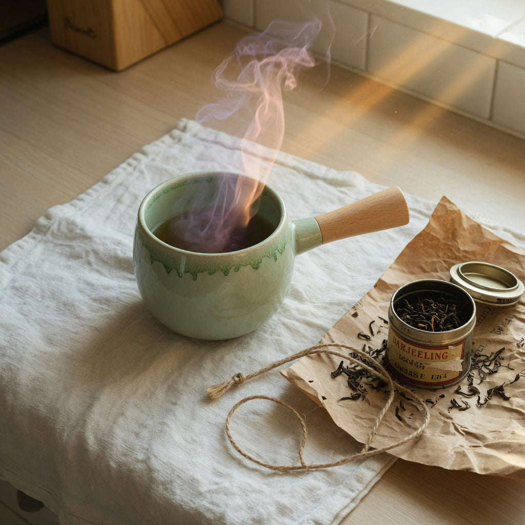 A ceramic tea cup with wooden handle beside kraft gift wrap and a tin of loose leaf — one of our wooden handle ceramic tea cup gift ideas, photographed on a sunlit kitchen counter