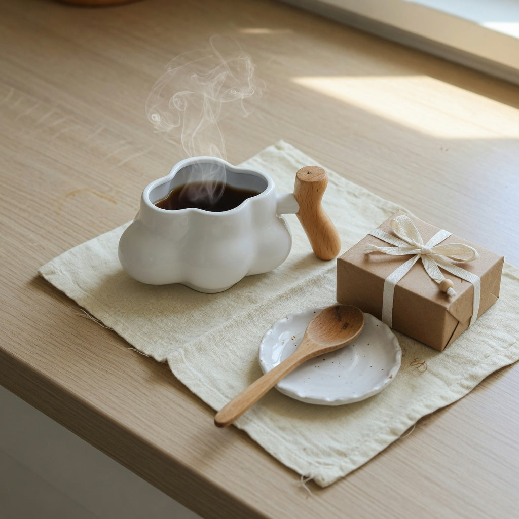 Wooden handle cloud mug gift ideas — cloud-shaped coffee mug with smooth wooden handle beside a kraft gift box on a kitchen counter