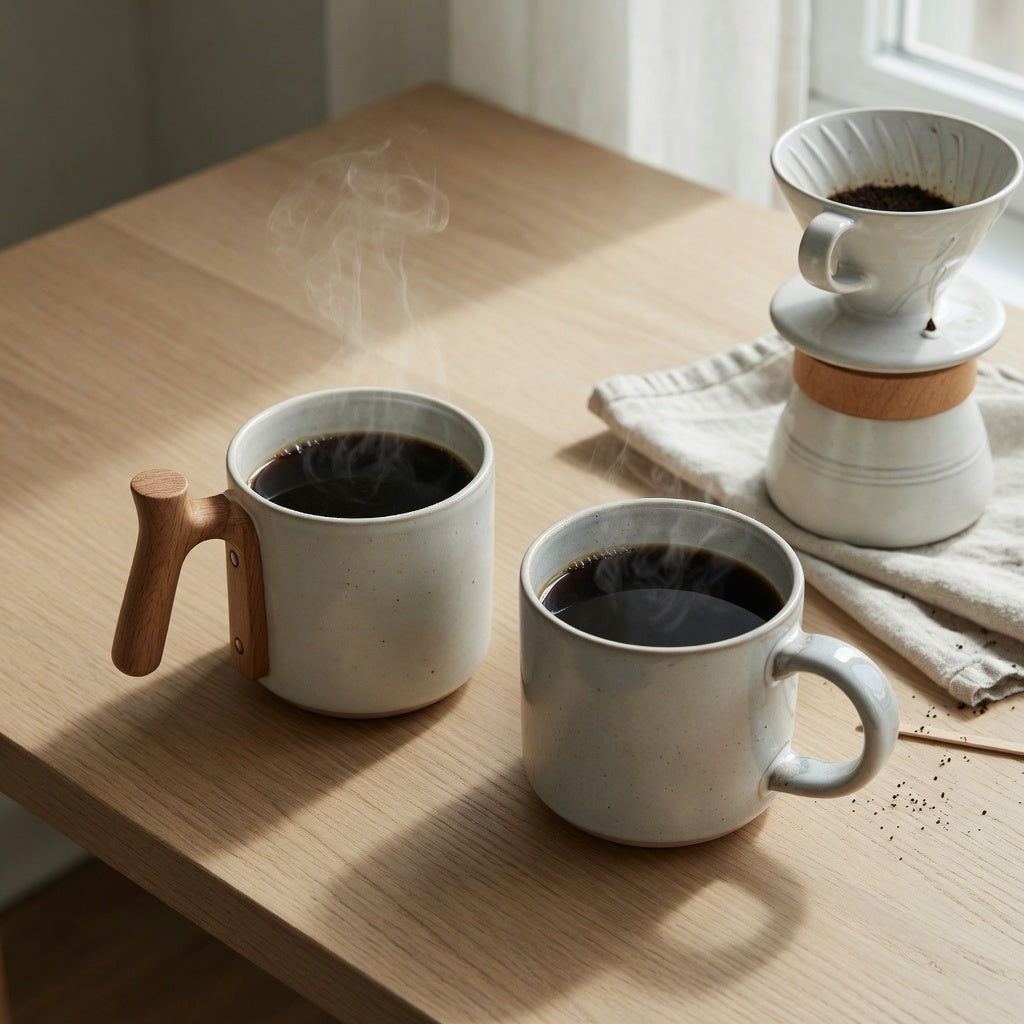 Wooden handle coffee mug vs ceramic handle compared side by side on a wooden desk with hot coffee