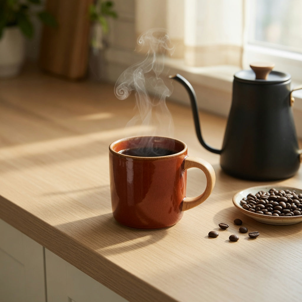Wooden handle mug for coffee lovers with steam rising on a kitchen counter beside a gooseneck kettle