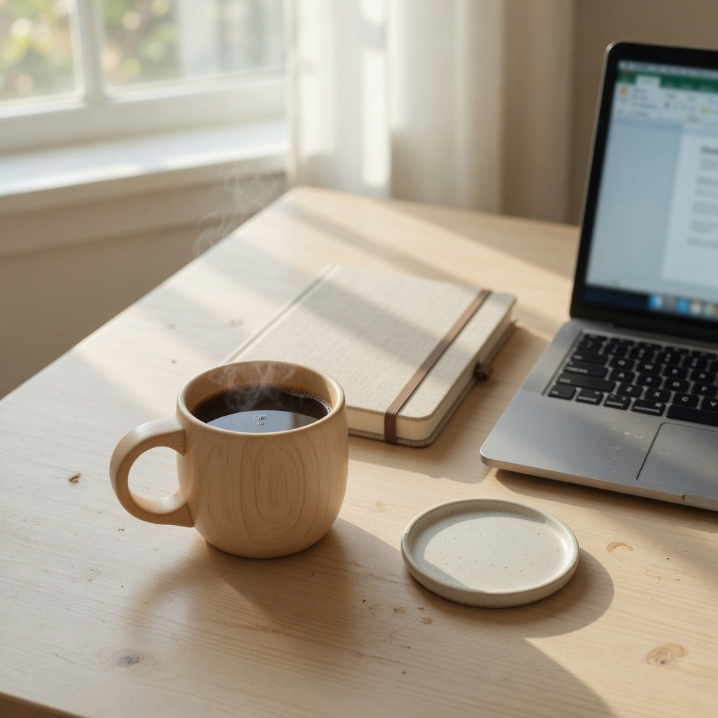 Wooden handle mug for home office on a desk beside a laptop and notebook
