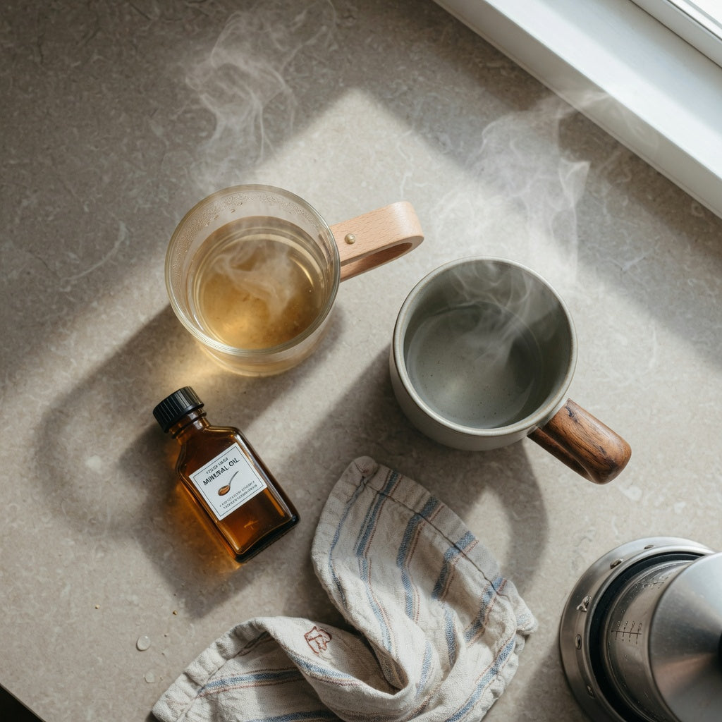Wooden handle tea mug comparison showing a glass mug and a ceramic mug with wooden handles side by side on a kitchen counter
