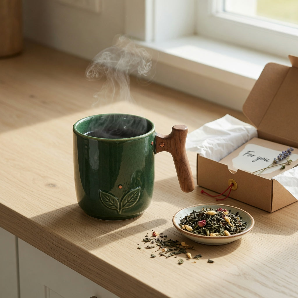Wooden handle tea mug gift ideas: glazed ceramic tea mug with a wooden handle steaming on a kitchen counter beside loose-leaf tea and an open gift box