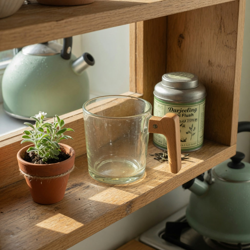 Wooden handle tea mug home decor styling on an open kitchen shelf beside loose-leaf tea and a small potted plant