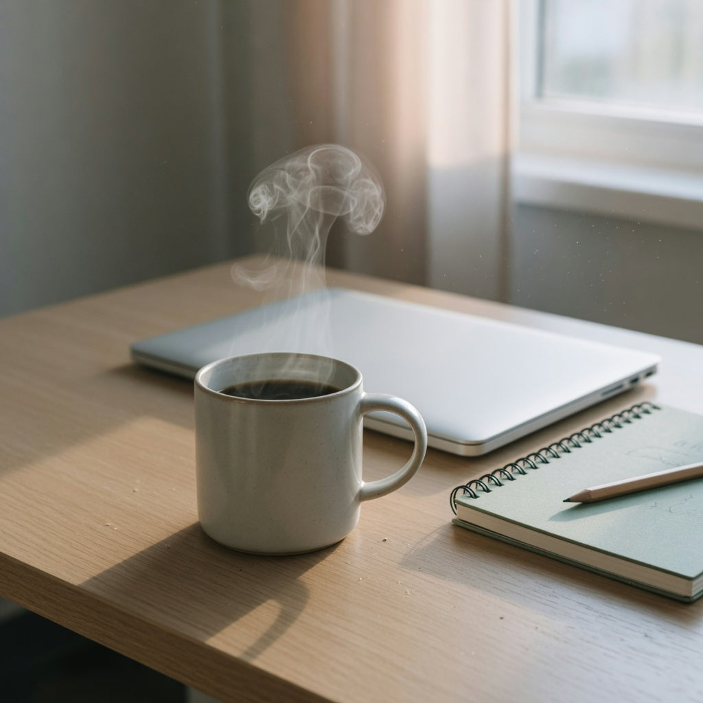 A ceramic workday coffee pause mug on an office desk beside a closed laptop during a short break.