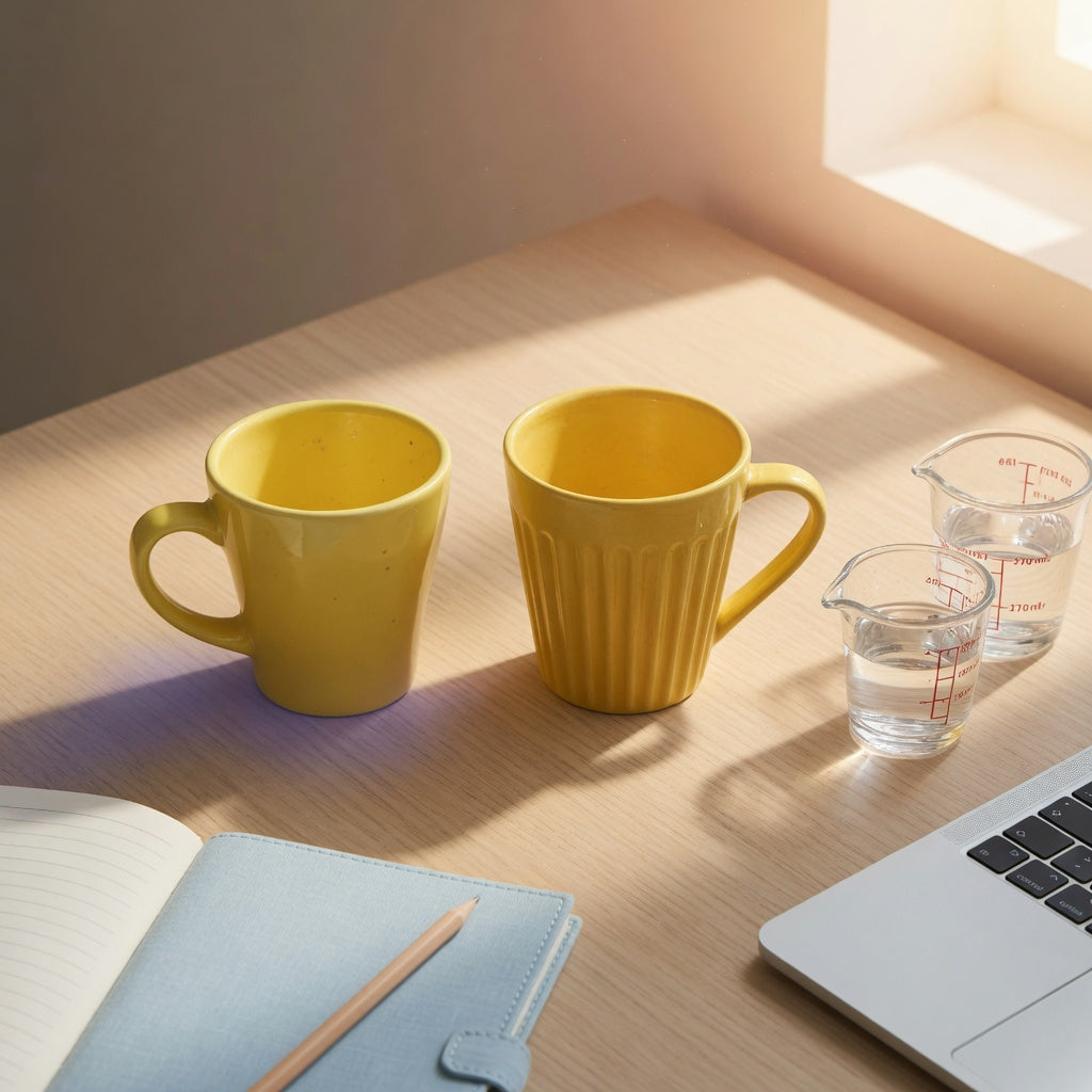 Yellow ceramic coffee mug comparison with Retro 170 ml and Pleated 200 ml cups on a compact desk
