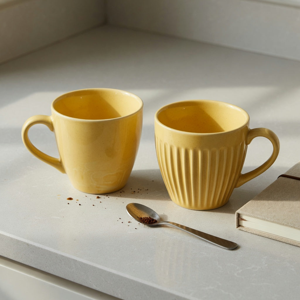 Yellow ceramic coffee mug comparison with the Retro 170 ml and Pleated 200 ml cups side by side