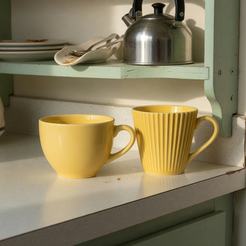 Yellow ceramic coffee mug compact kitchen practical purchase checklist with two yellow ceramic coffee tea cups on a narrow counter beneath an open shelf