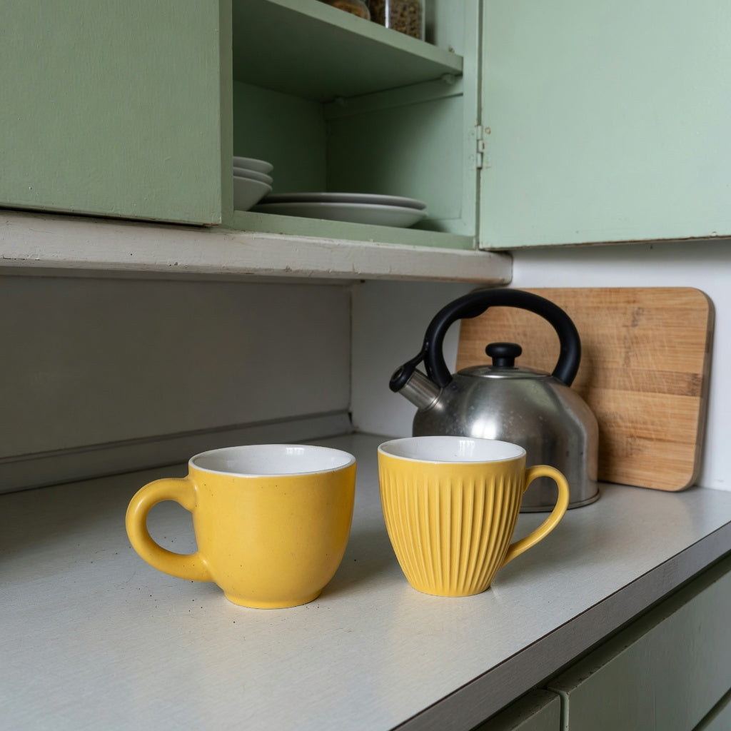 Yellow ceramic coffee mug compact kitchen product shortlist guide with yellow Retro and Pleated ceramic tea cups on a narrow counter