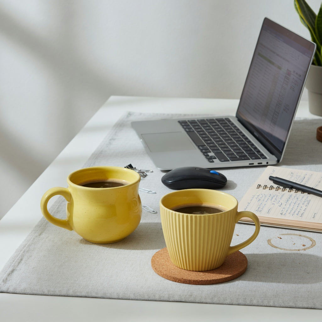 Yellow ceramic coffee mug for desk use comparison showing smooth Retro and pleated styles beside a laptop and notebook