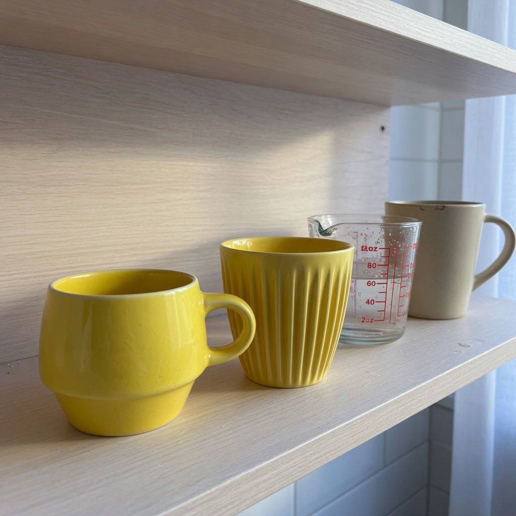Shelf setup for a yellow ceramic coffee mug everyday mug rotation practical purchase checklist with Retro and Pleated cups beside a measuring cup