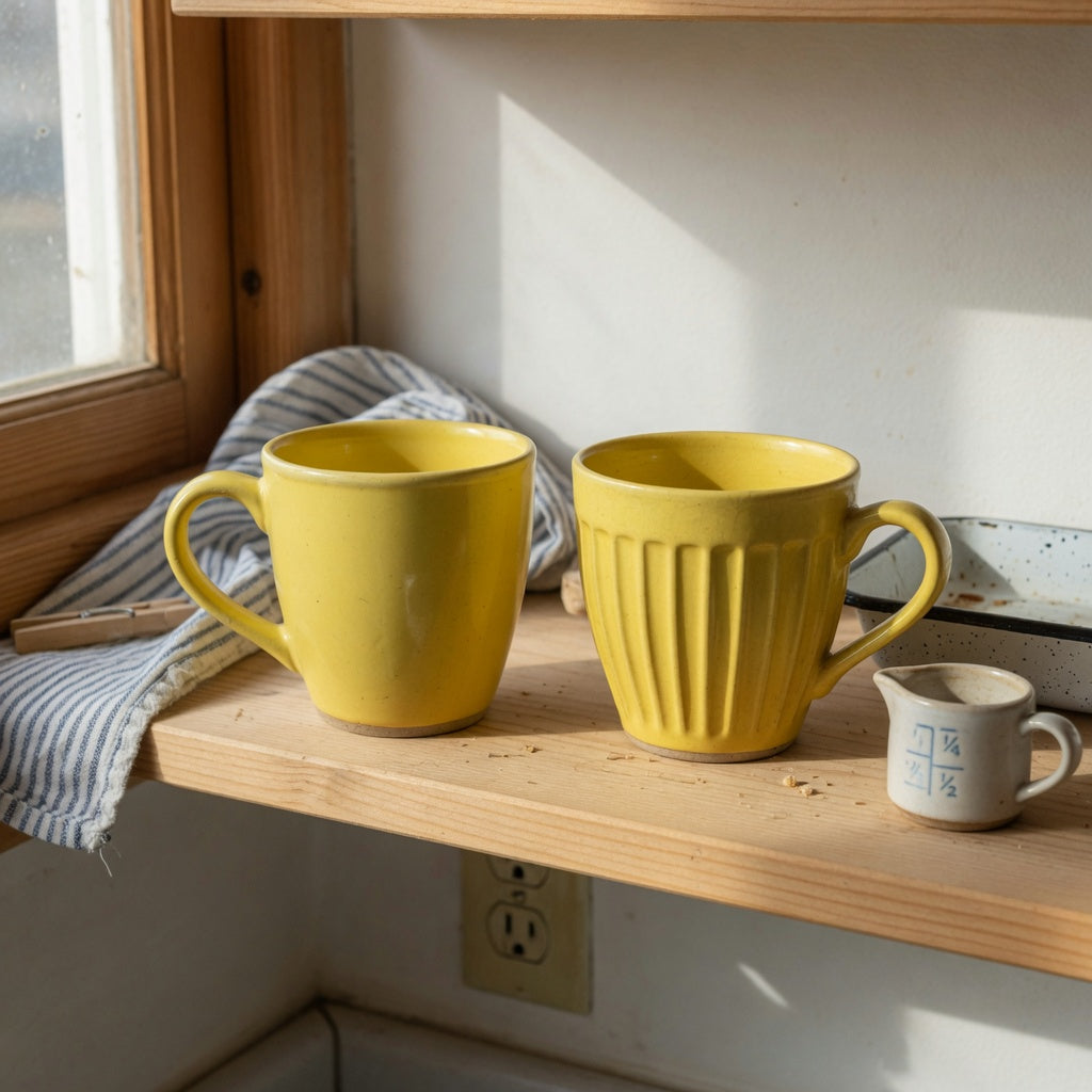 yellow ceramic coffee mug everyday mug rotation product shortlist guide showing Retro and Pleated cups on a compact kitchen shelf