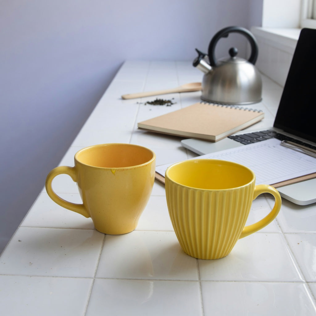Yellow ceramic coffee mug first time buyer practical purchase checklist with yellow Retro and Pleated ceramic cups