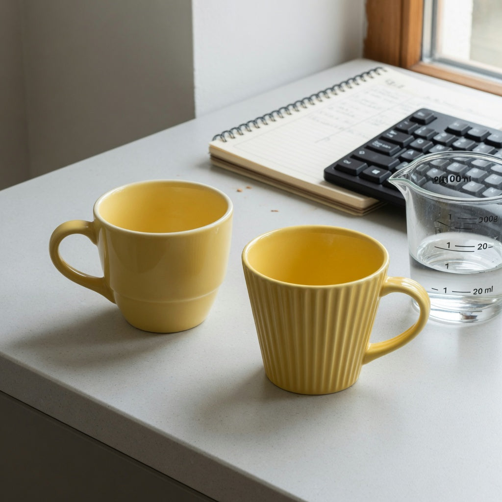 yellow ceramic coffee mug gift choice practical purchase checklist showing Retro 170 ml and Pleated 200 ml ceramic cups on a compact desk and kitchen counter
