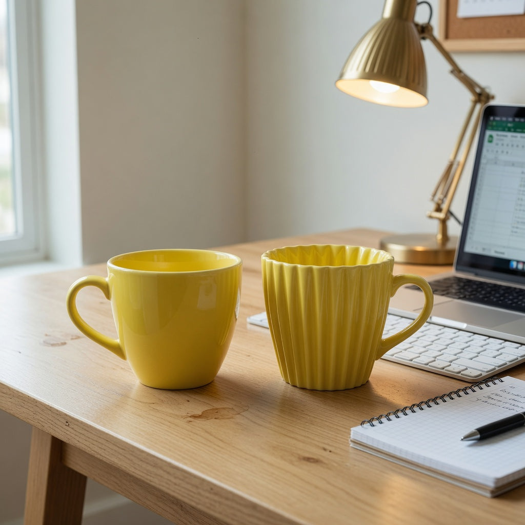 Yellow ceramic coffee mug home office practical purchase checklist with two yellow ceramic cups beside a laptop