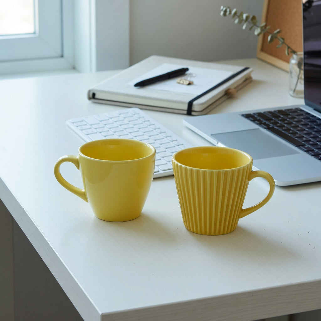 Yellow ceramic coffee mug home office product shortlist guide showing the 170 ml Retro and 200 ml Pleated cups on a compact desk