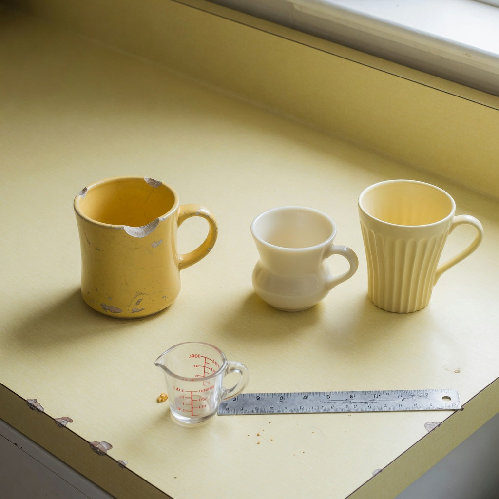 Side-by-side options for a yellow ceramic coffee mug replacement purchase practical purchase checklist: 170 ml Retro, 200 ml Pleated, and a chipped mug