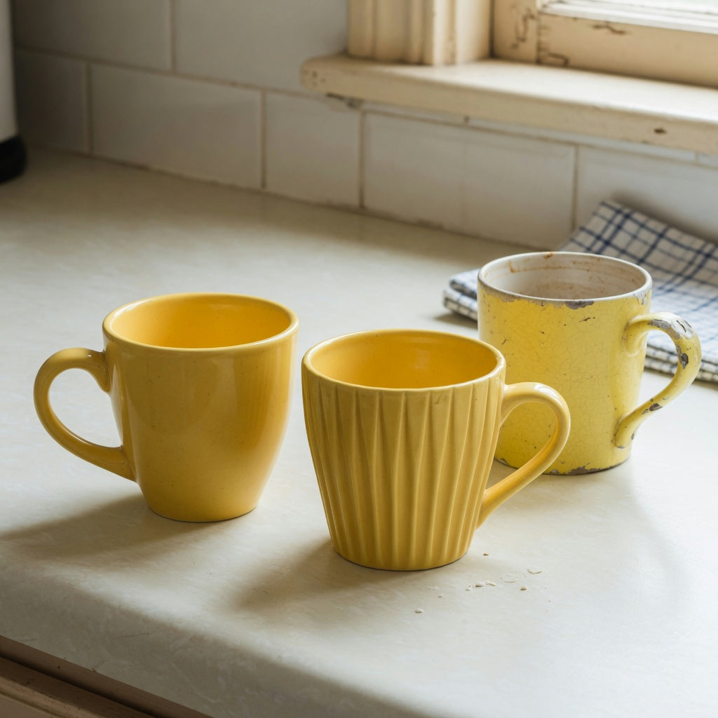 yellow ceramic coffee mug replacement purchase product shortlist guide showing rounded Retro and pleated Pleated yellow ceramic cups beside a chipped mug