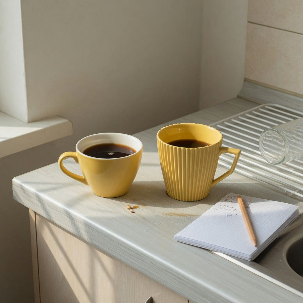 yellow ceramic coffee mug shared household product shortlist guide showing the Retro and Pleated yellow ceramic cups on a shared kitchen counter