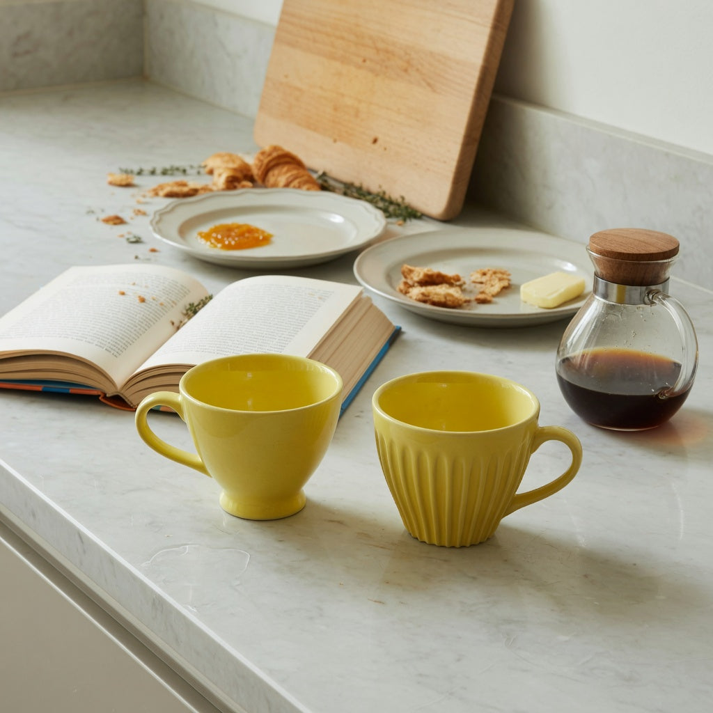 yellow ceramic coffee mug weekend coffee practical purchase checklist with smooth Retro and pleated yellow ceramic cups beside coffee and brunch plates