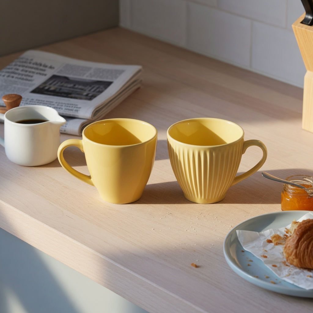 yellow ceramic coffee mug weekend coffee product shortlist guide showing yellow Retro and Pleated ceramic cups on a compact weekend kitchen counter