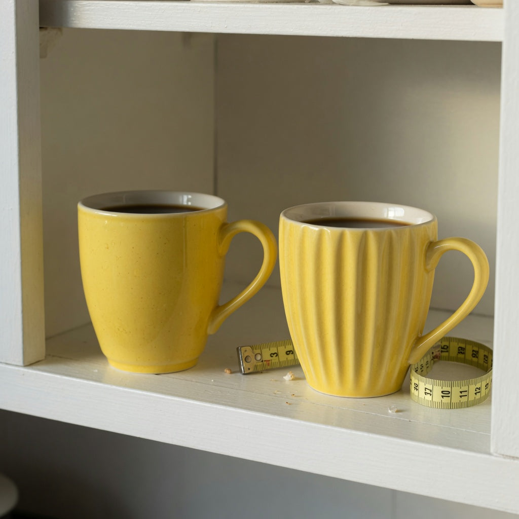 Yellow ceramic coffee mug storage fit guide with Retro 170 ml and Pleated 200 ml mugs on a kitchen shelf