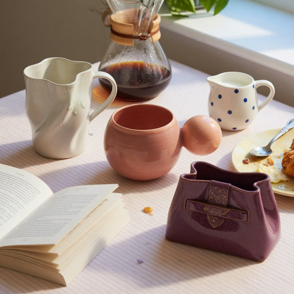 Weekend table illustrating a ceramic sculptural mug weekend coffee practical purchase checklist with The Flow, Ball Handle, and Handbag mugs