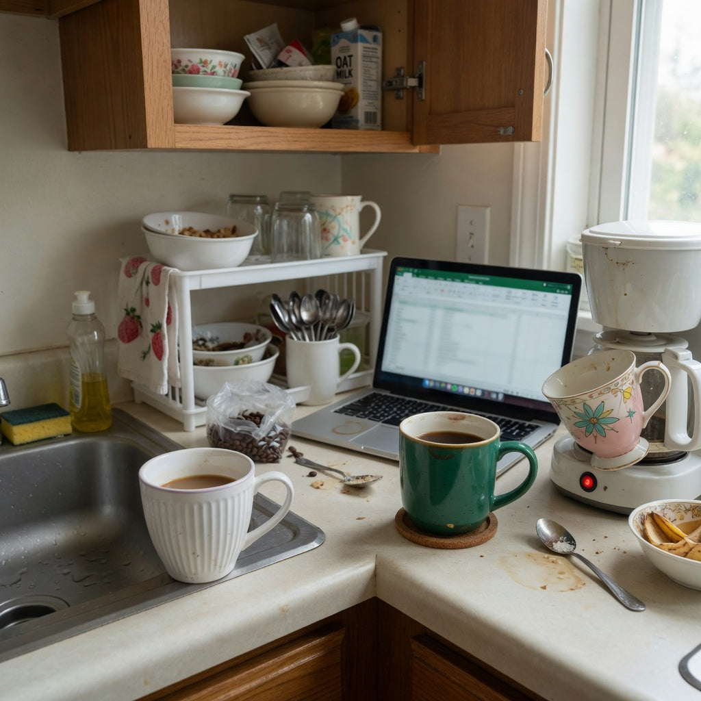small ceramic coffee cup shared household product shortlist guide showing separate pleated, emerald, and retro options in a shared kitchen