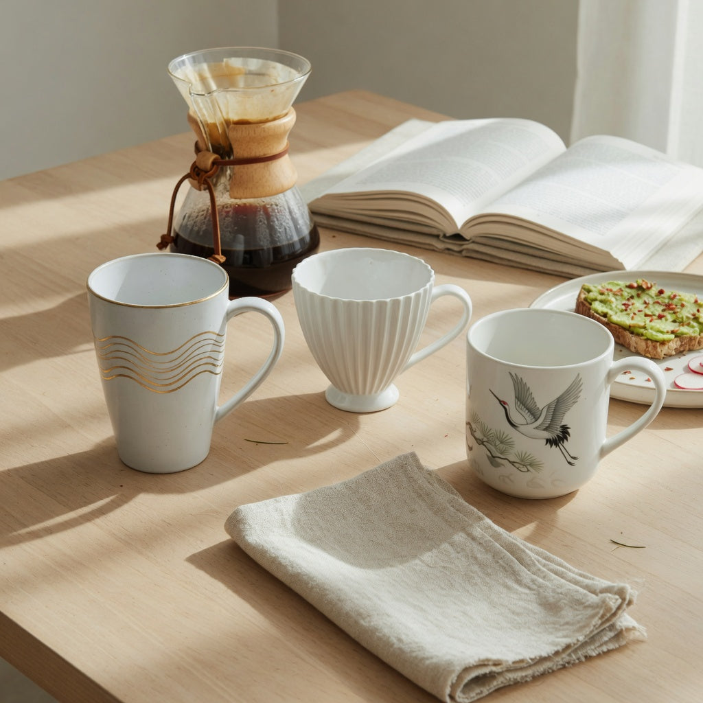 white pottery coffee mugs weekend coffee product shortlist guide with tall golden-wave, pleated, and crane designs on a Saturday table