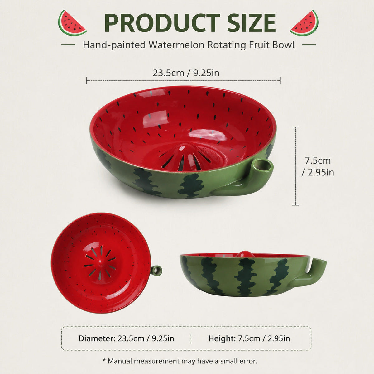 Watermelon-pattern ceramic berry rinsing bowl with front and overhead views