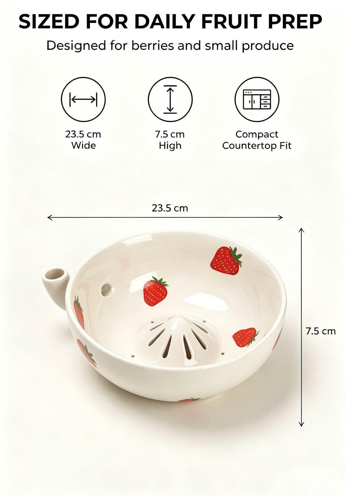 Strawberry ceramic berry rinsing bowl measuring 23.5 cm wide and 7.5 cm high