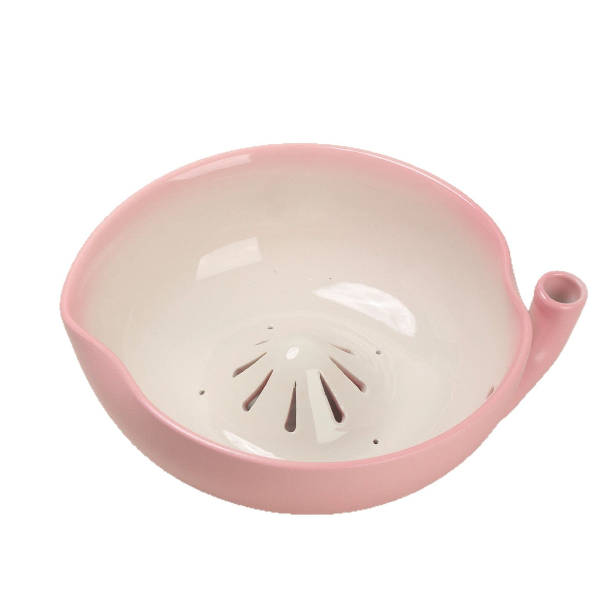 Peach-pink ceramic berry rinsing bowl with side inlet and central drain