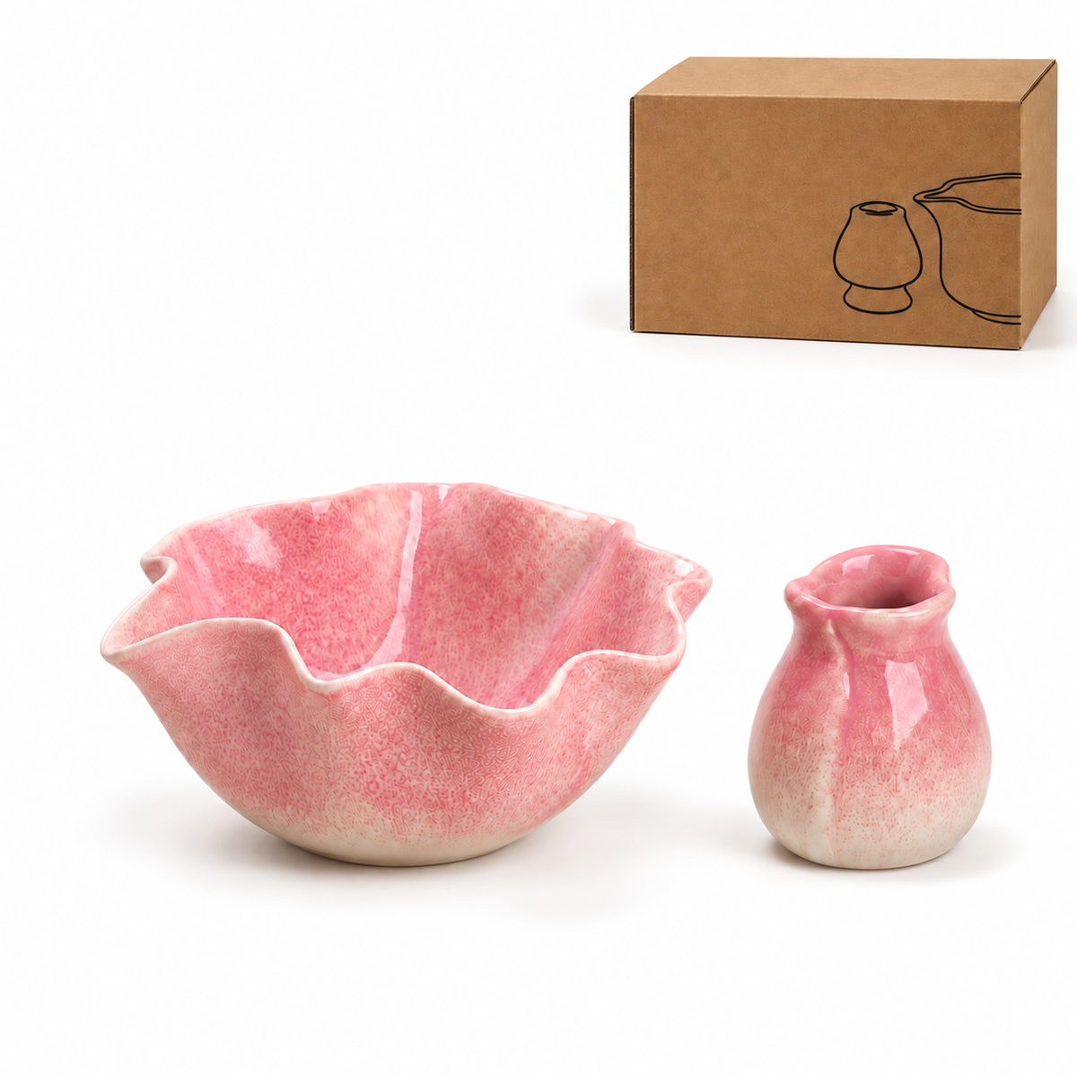 Petal rim ceramic matcha pink / bowl and holder with kraft packaging