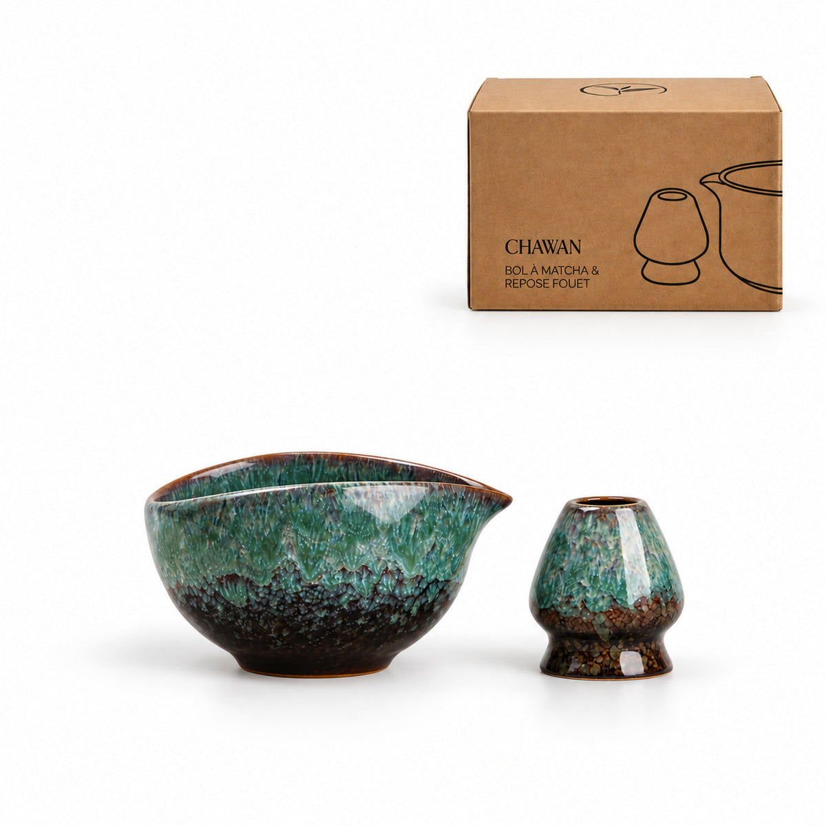 Emerald Green oval ceramic matcha bowl and whisk holder with its kraft CHAWAN presentation carton