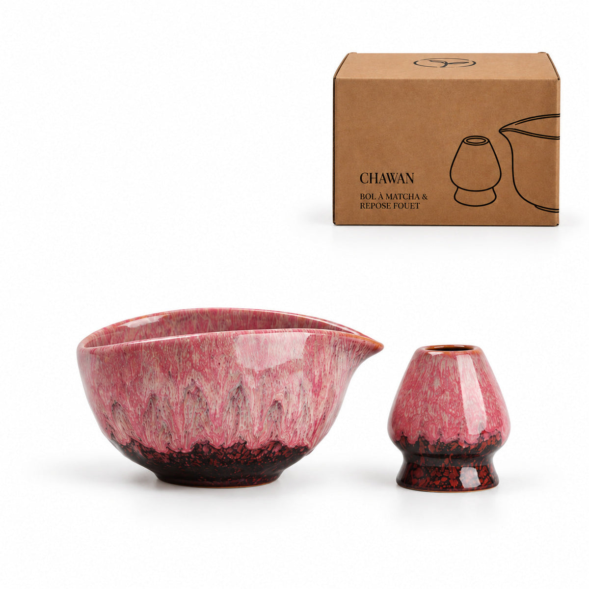 Rose Red oval ceramic matcha bowl and whisk holder with its kraft CHAWAN presentation carton