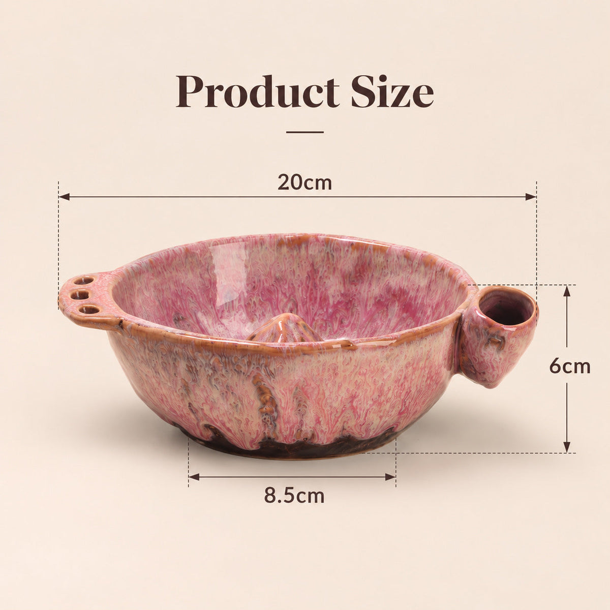 Rose pink glazed ceramic berry bowl with dimensions