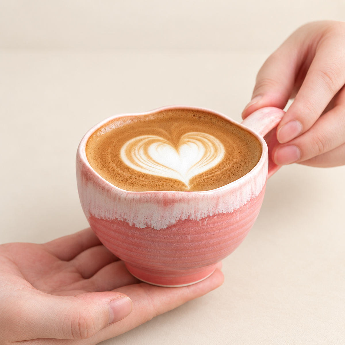 Pink scalloped-rim coffee cup with a simple loop handle
