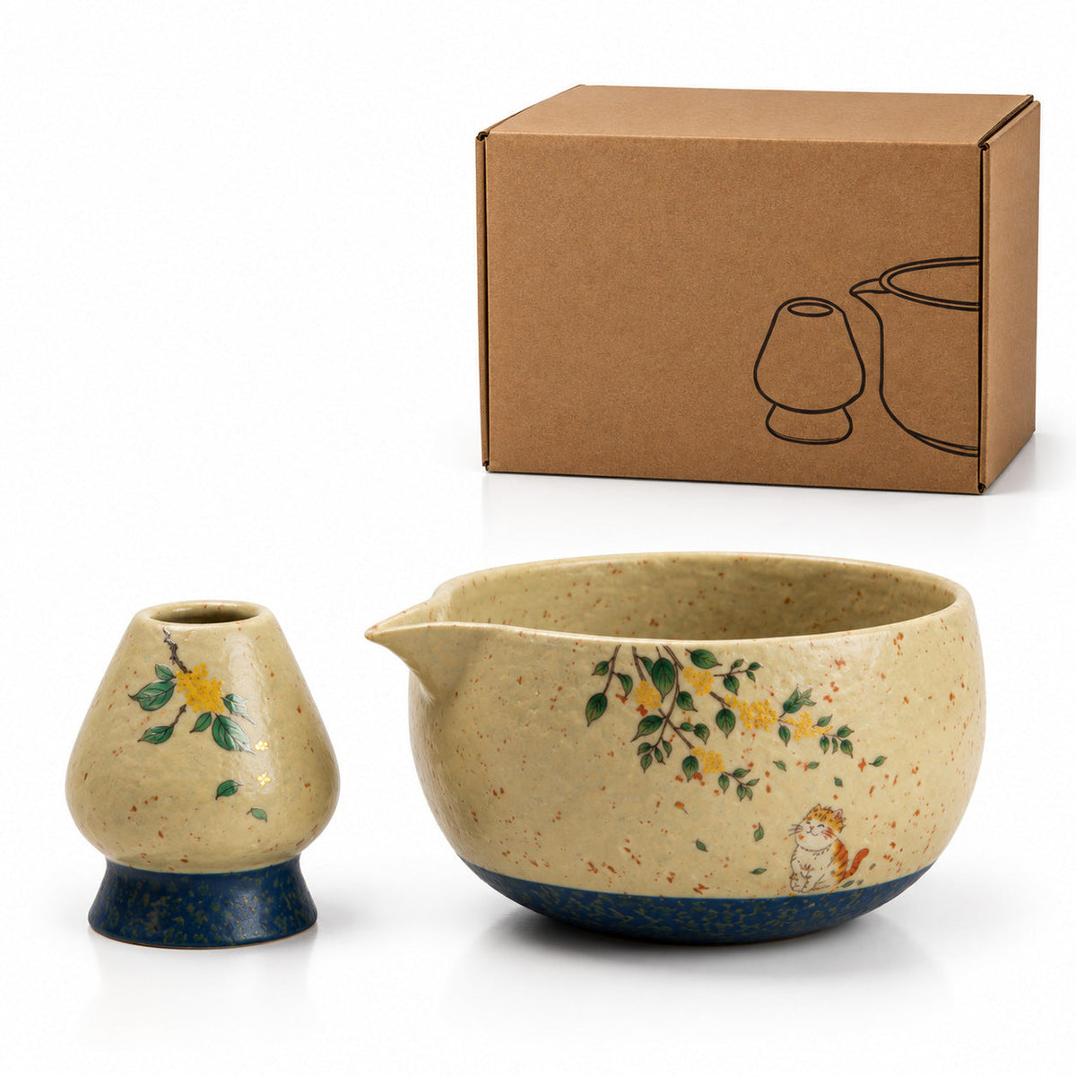 Speckled cat and yellow blossom ceramic matcha bowl and matching whisk holder with the retail box