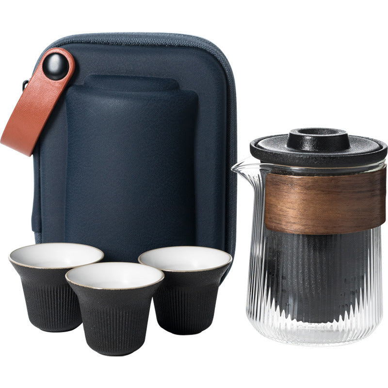 Black travel tea set with ribbed glass brewer, three cups and case