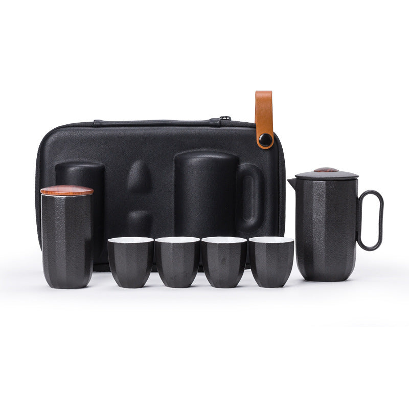 Black 4 Cups + Tea Caddy ceramic travel tea set with a black carry case