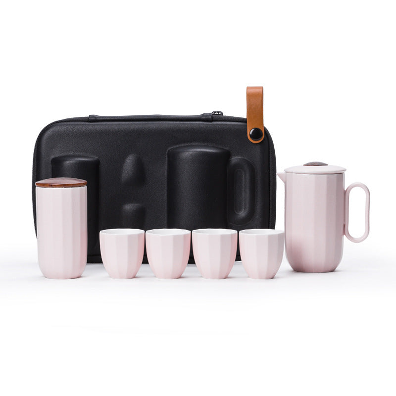 Pale Pink 4 Cups + Tea Caddy ceramic travel tea set with a black carry case