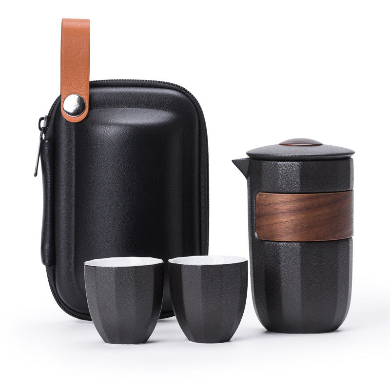 Black 2 Cups ceramic travel tea set with a black carry case