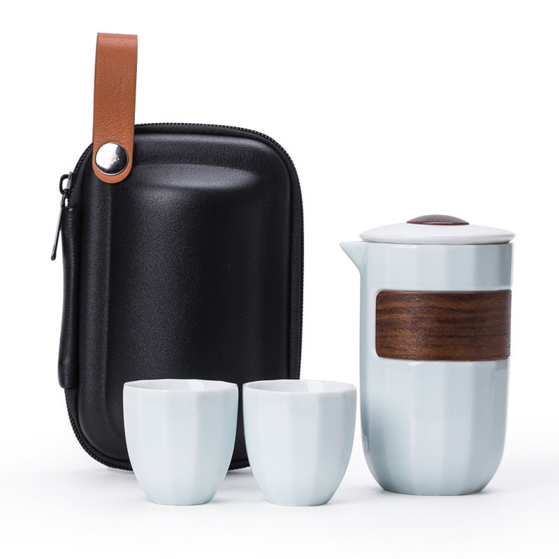 Pale Celadon 2 Cups ceramic travel tea set with a black carry case