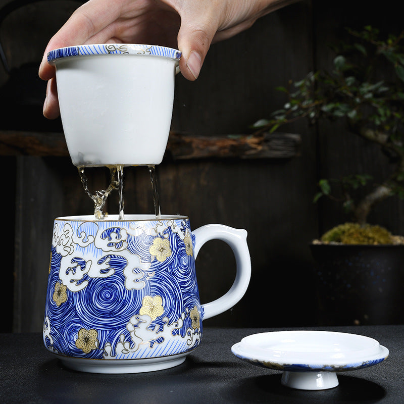 Ceramic infuser lifted from a blue wave tea mug