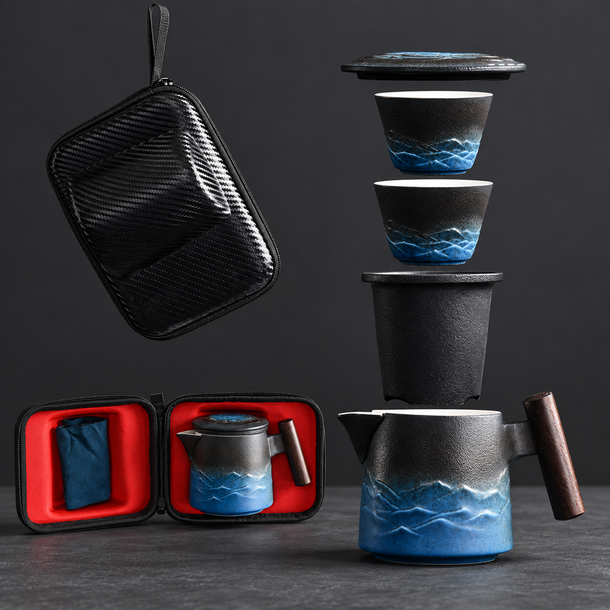 Mountain relief tea set components and two views of the same single carrying case, open and closed