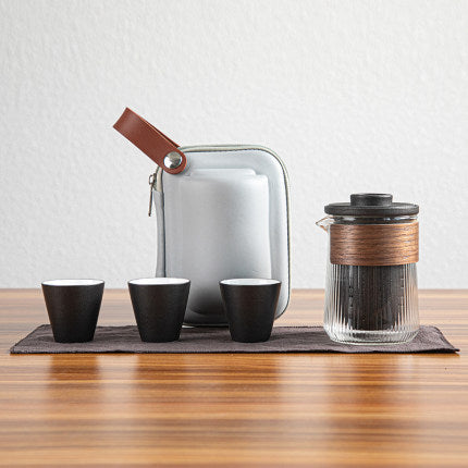 Glass Pitcher / Black Cups travel tea set with three cups and a carry case