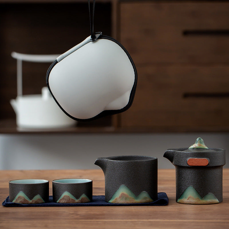 Black ceramic travel tea set with Pot, Pitcher and 2 Cups with carrying case