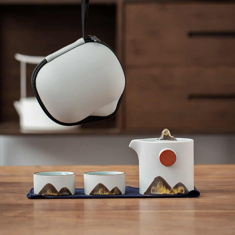 White ceramic travel tea set with Pot and 2 Cups with carrying case